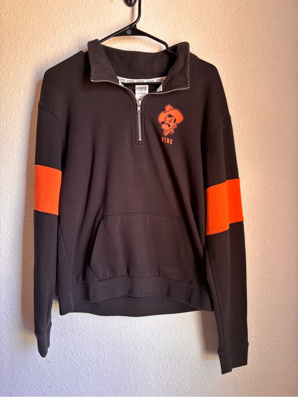 PINK Victoria's Secret Black Quarter-Zip Sweatshirt with Orange Oklahoma OSU